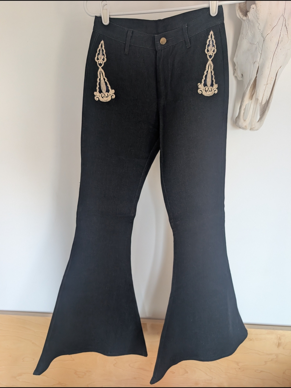 Black Flare Pants with Cream Embroidered Accents